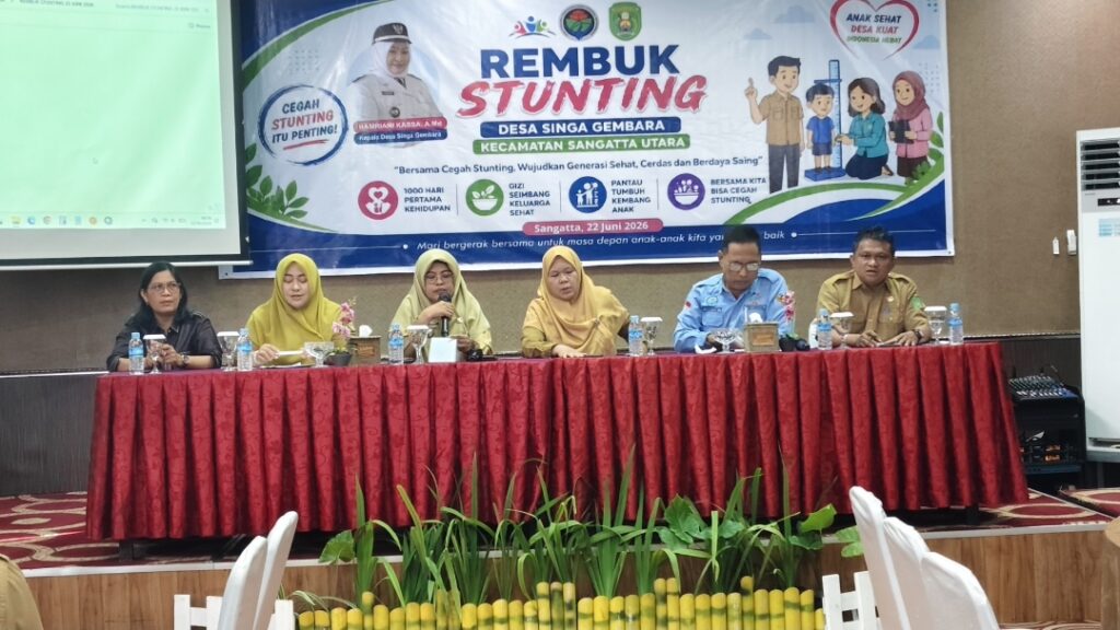 Camat Hasdiah Dorong Intervensi Dini untuk Tekan Stunting di Sangatta Utara Camat Sangatta Utara, Hj. Hasdiah, dalam kegiatan Rembuk Stunting Desa Singa Gembara yang berlangsung di Hotel Royal Victoria, Sangatta Utara, Senin (22/6/2026).